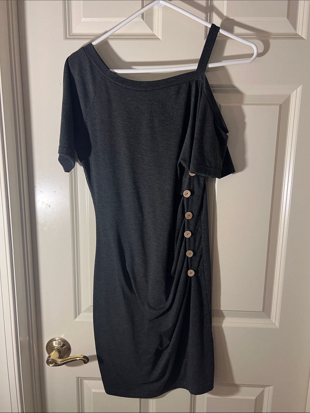 Women’s One-Shoulder Black Dress with Button Detail